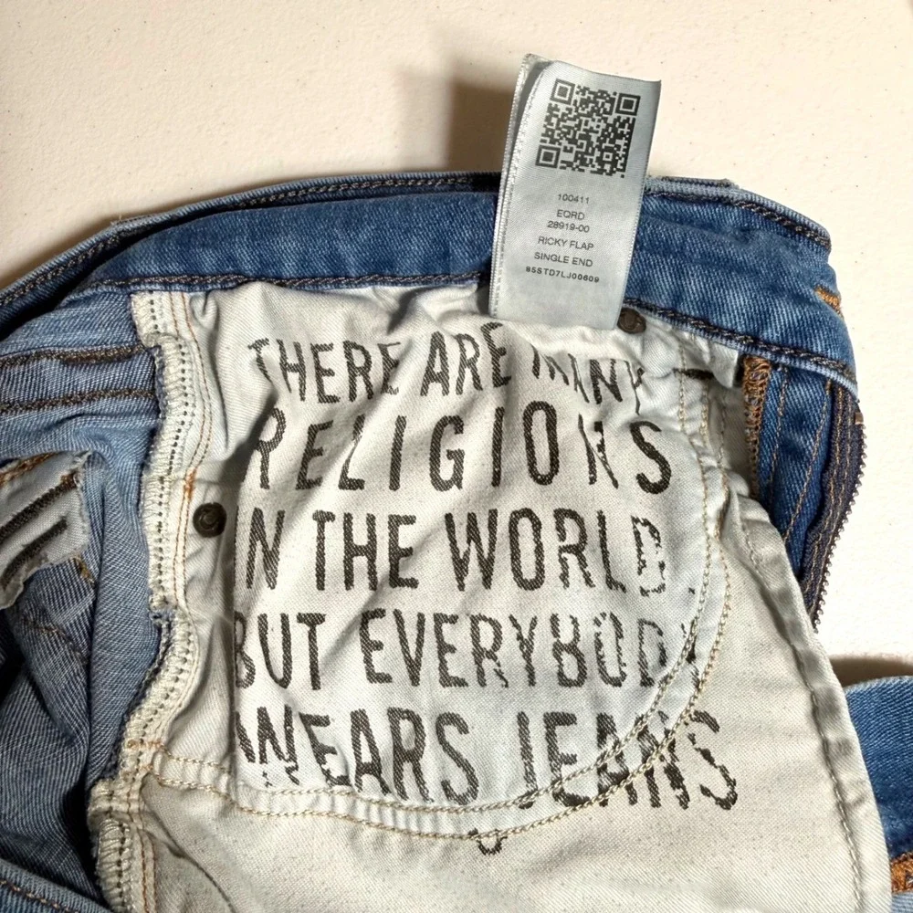 True Religion Ricky Relaxed Straight Leg Jeans Distressed Blue Denim Size 33